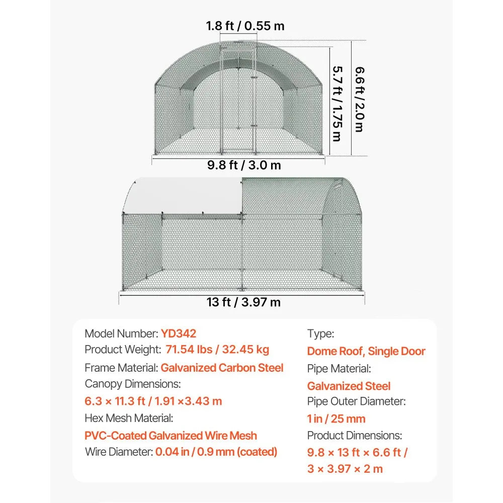 VEVOR Large Metal Chicken Coop 9.8x13x6.6 ft Walk-in Chicken Run House, Doom Roof Hen House Enclosure with Cover and Security Lock, Outdoor Duck Rabbit Cage Poultry Pen for Backyard, Farm, Yard Use