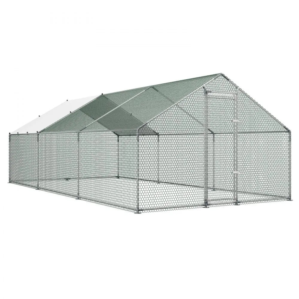 VEVOR Large Metal Chicken Coop 9.8x19.5x6.6 ft Walk-in Chicken Run House, Spire Roof Hen House Enclosure with Cover and Security Lock, Outdoor Duck Rabbit Cage Poultry Pen for Backyard, Farm, Yard
