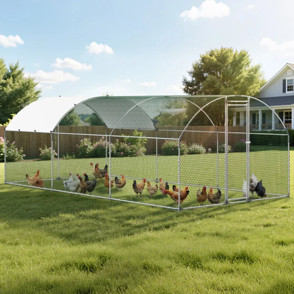 VEVOR Large Metal Chicken Coop, 9.8 x 19.7 x 6.6 ft, Walk-in Chicken Runs with Waterproof Cover, Dome Roof Hen House Enclosure with Lock, Outdoor Duck Rabbit Cage Poultry Pen for Backyard, Farm, Yard