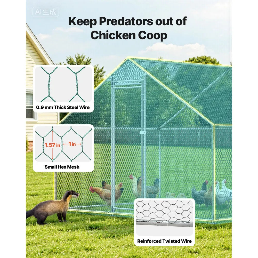 VEVOR Large Metal Chicken Coop, 9.8 x 26.2 x 6.6 ft, Walk-in Chicken Runs with Waterproof Cover, Spire Roof Hen House Enclosure with Lock, Outdoor Duck Rabbit Cage Poultry Pen for Backyard, Farm, Yard