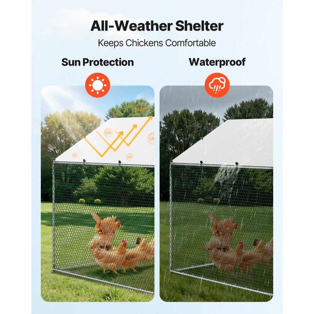 VEVOR Large Metal Chicken Coop, 9.8 x 26.2 x 6.6 ft, Walk-in Chicken Runs with Waterproof Cover, Spire Roof Hen House Enclosure with Lock, Outdoor Duck Rabbit Cage Poultry Pen for Backyard, Farm, Yard