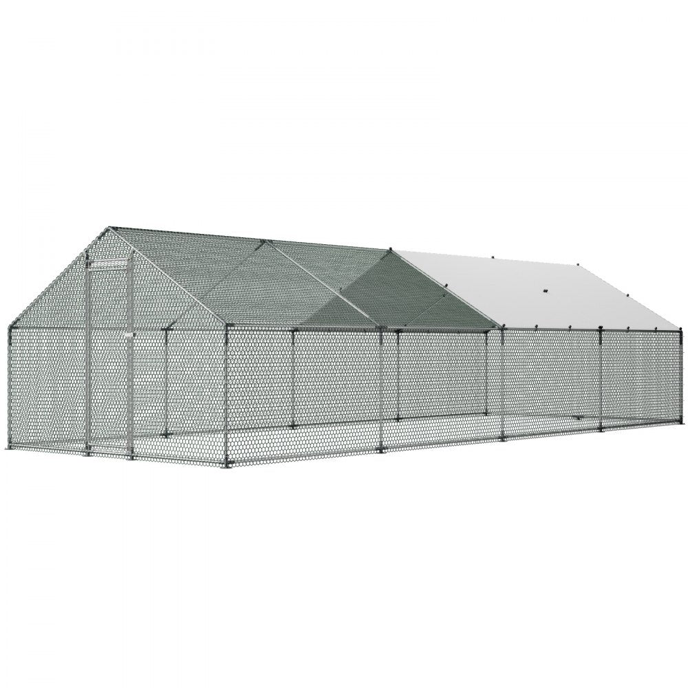 VEVOR Large Metal Chicken Coop, 9.8 x 26.2 x 6.6 ft, Walk-in Chicken Runs with Waterproof Cover, Spire Roof Hen House Enclosure with Lock, Outdoor Duck Rabbit Cage Poultry Pen for Backyard, Farm, Yard