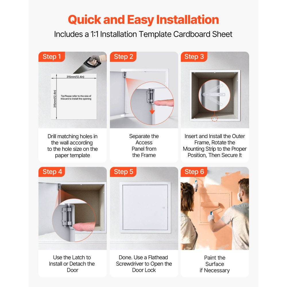 VEVOR Access Panel for Drywall, 13.3 x 13.3 in Galvanized Steel Access Door, Easy Install Hinged Service Panel with Screwdriver Latch, for Ceiling Plumbing Electrical, 12.4 x 12.4 in Cutout Size White