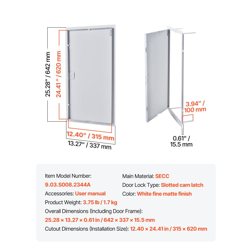 VEVOR Access Panel for Drywall, 25.3 x 13.3 in Galvanized Steel Access Door, Easy Install Hinged Service Panel with Screwdriver Latch, for Ceiling Plumbing Electrical, 12.4 x 24.4 in Cutout Size White