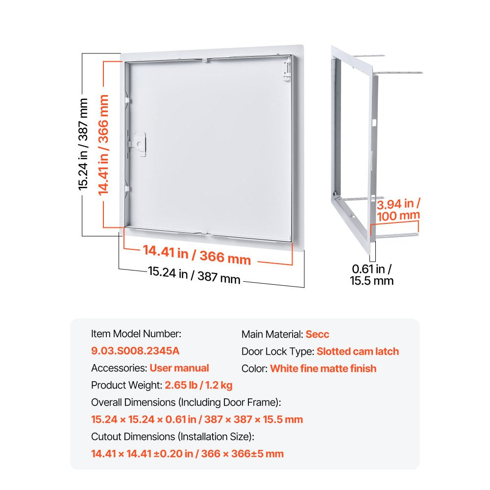 VEVOR Access Panel for Drywall, 15.2 x 15.2 in Galvanized Steel Access Door, Easy Install Hinged Service Panel with Screwdriver Latch, for Ceiling Plumbing Electrical, 14.4 x 14.4 in Cutout Size White