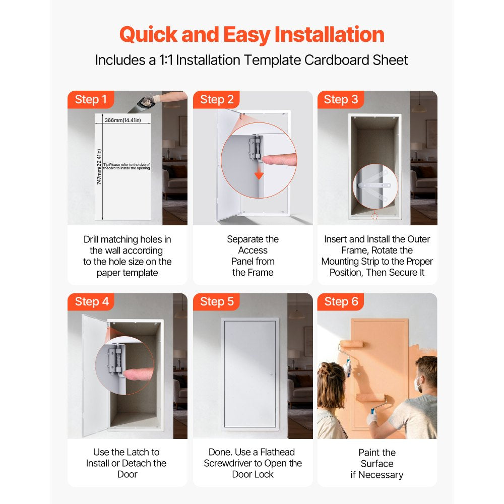 VEVOR Access Panel for Drywall, 30.3 x 15.2 in Galvanized Steel Access Door, Easy Install Hinged Service Panel with Screwdriver Latch, for Ceiling Plumbing Electrical, 14.4 x 29.4 in Cutout Size White