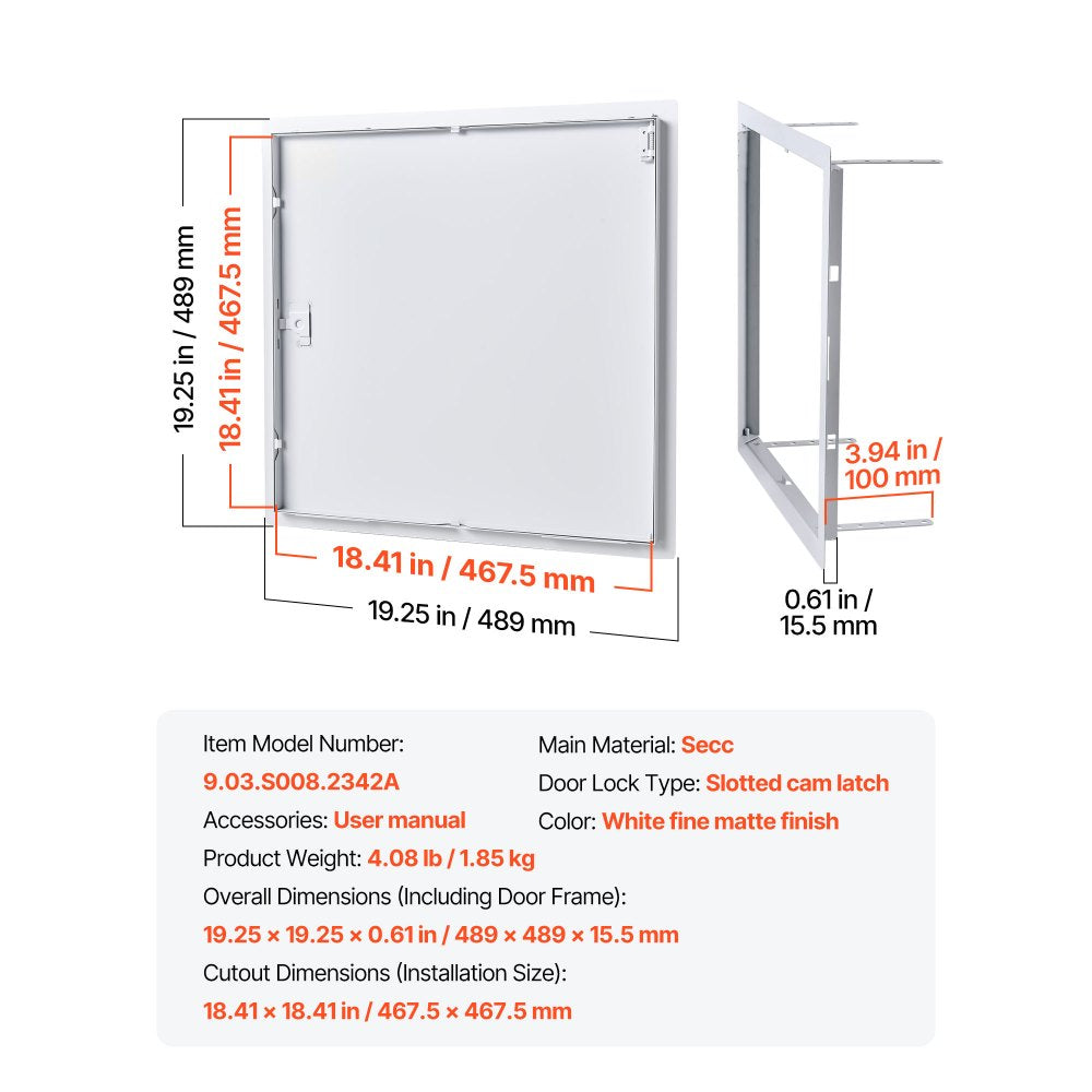 VEVOR Access Panel for Drywall, 19.2 x 19.2 in Galvanized Steel Access Door, Easy Install Hinged Service Panel with Screwdriver Latch, for Ceiling Plumbing Electrical, 18.4 x 18.4 in Cutout Size White