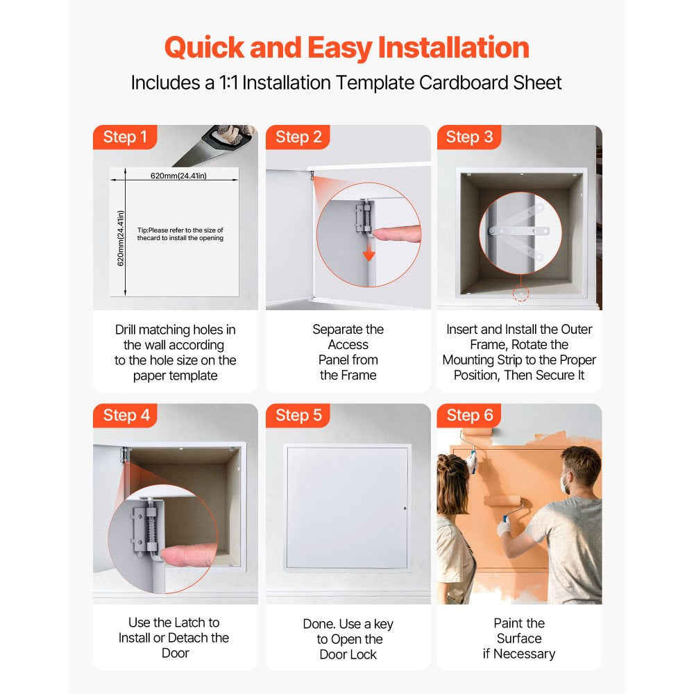 VEVOR Access Panel for Drywall, 25.2 x 25.2 in Galvanized Steel Access Door, Easy Install Hinged Service Panel with Key, for Ceiling Plumbing Electrical, 24.4 x 24.4 in Cutout Size, White