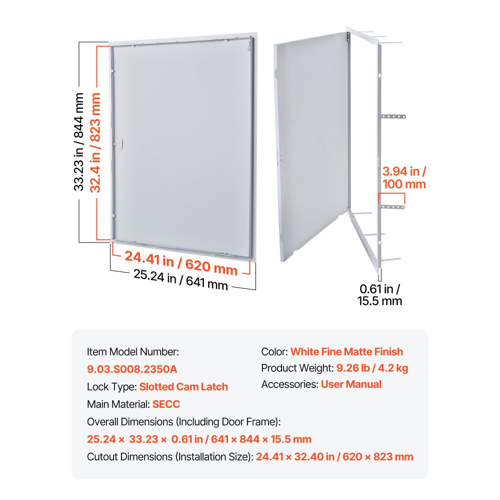 VEVOR Access Panel for Drywall, 33.2 x 25.2 in Galvanized Steel Access Door, Easy Install Hinged Service Panel with Screwdriver Latch, for Ceiling Plumbing Electrical, 24.4 x 32.4 in Cutout Size White