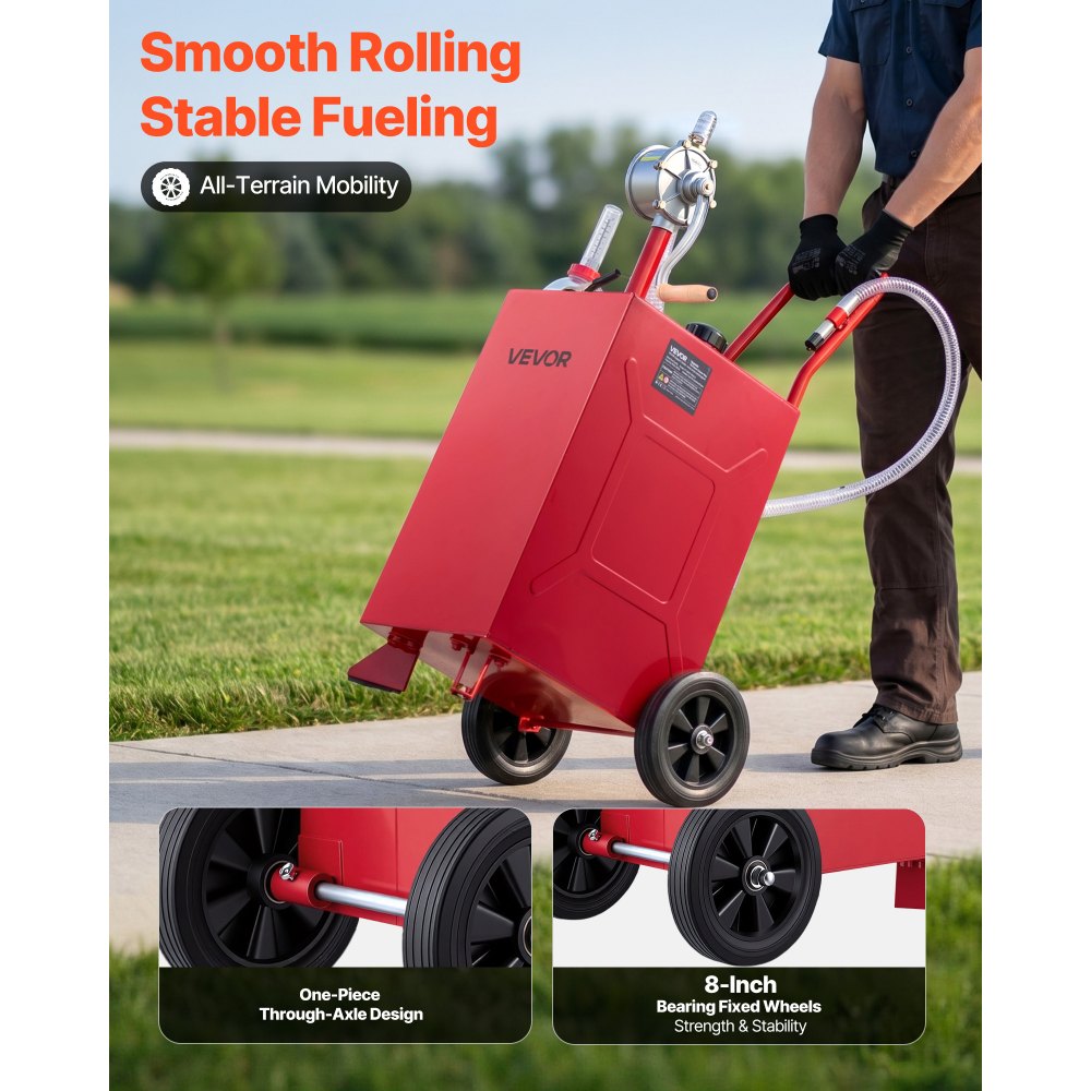 VEVOR 15 Gallon Fuel Gas Caddy, Carbon Steel, Portable Fuel Transfer Storage Tank with Manual Pump & Rolling Wheels, Gasoline Diesel Can Container, for Cars, Lawn Mowers, ATVs, Boats, Motorcycles, Red