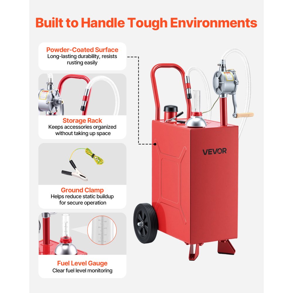 VEVOR 15 Gallon Fuel Gas Caddy, Carbon Steel, Portable Fuel Transfer Storage Tank with Manual Pump & Rolling Wheels, Gasoline Diesel Can Container, for Cars, Lawn Mowers, ATVs, Boats, Motorcycles, Red