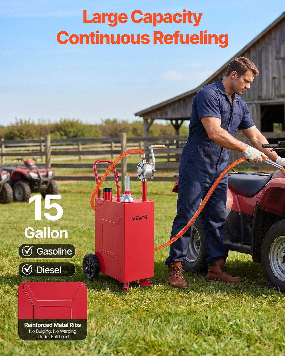 VEVOR 15 Gallon Fuel Gas Caddy, Carbon Steel, Portable Fuel Transfer Storage Tank with Manual Pump & Rolling Wheels, Gasoline Diesel Can Container, for Cars, Lawn Mowers, ATVs, Boats, Motorcycles, Red