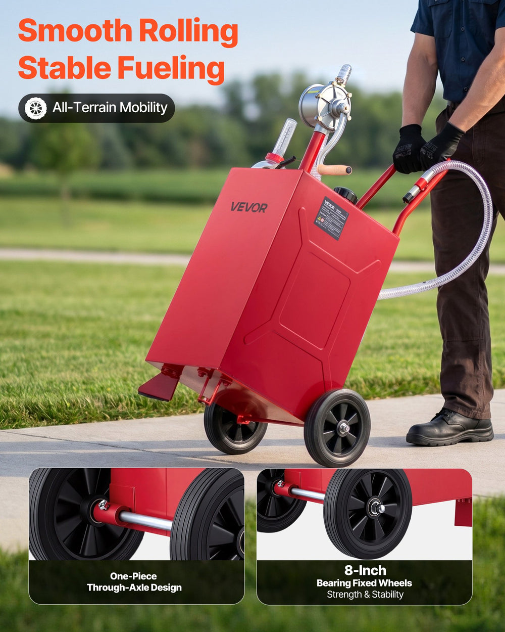 VEVOR 15 Gallon Fuel Gas Caddy, Carbon Steel, Portable Fuel Transfer Storage Tank with Manual Pump & Rolling Wheels, Gasoline Diesel Can Container, for Cars, Lawn Mowers, ATVs, Boats, Motorcycles, Red