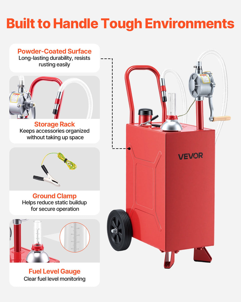 VEVOR 15 Gallon Fuel Gas Caddy, Carbon Steel, Portable Fuel Transfer Storage Tank with Manual Pump & Rolling Wheels, Gasoline Diesel Can Container, for Cars, Lawn Mowers, ATVs, Boats, Motorcycles, Red