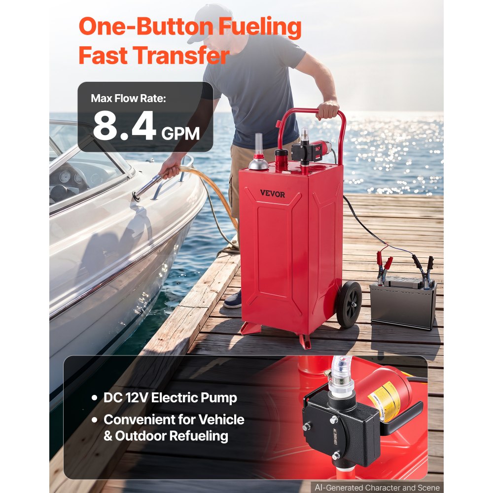 VEVOR 30 Gallon Fuel Gas Caddy, Carbon Steel, Portable Fuel Transfer Storage Tank with Electric Pump & 2 Wheels, Gasoline Diesel Can Container, for Cars, Lawn Mowers, ATVs, Boats, Motorcycles, Red