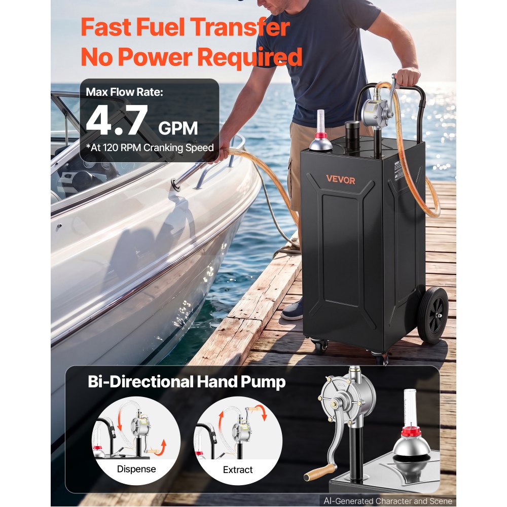 VEVOR 35 Gallon Fuel Gas Caddy, Carbon Steel, Portable Fuel Transfer Storage Tank with Manual Pump & 4 Wheels, Gasoline Diesel Can Container, for Cars, Lawn Mowers, ATVs, Boats, Motorcycles, Black