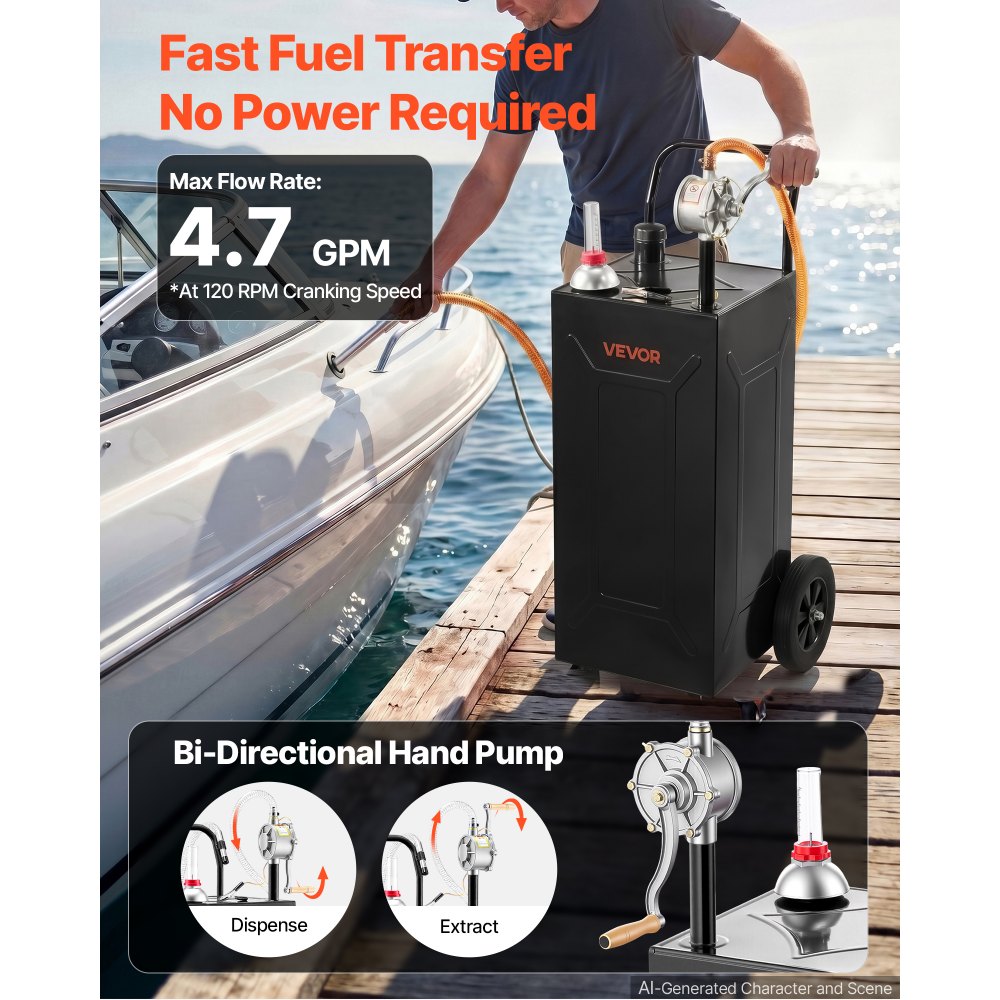 VEVOR 30 Gallon Fuel Gas Caddy, Carbon Steel, Portable Fuel Transfer Storage Tank with Manual Pump & 2 Wheels, Gasoline Diesel Can Container, for Cars, Lawn Mowers, ATVs, Boats, Motorcycles, Black