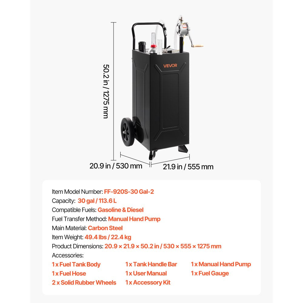 VEVOR 30 Gallon Fuel Gas Caddy, Carbon Steel, Portable Fuel Transfer Storage Tank with Manual Pump & 2 Wheels, Gasoline Diesel Can Container, for Cars, Lawn Mowers, ATVs, Boats, Motorcycles, Black