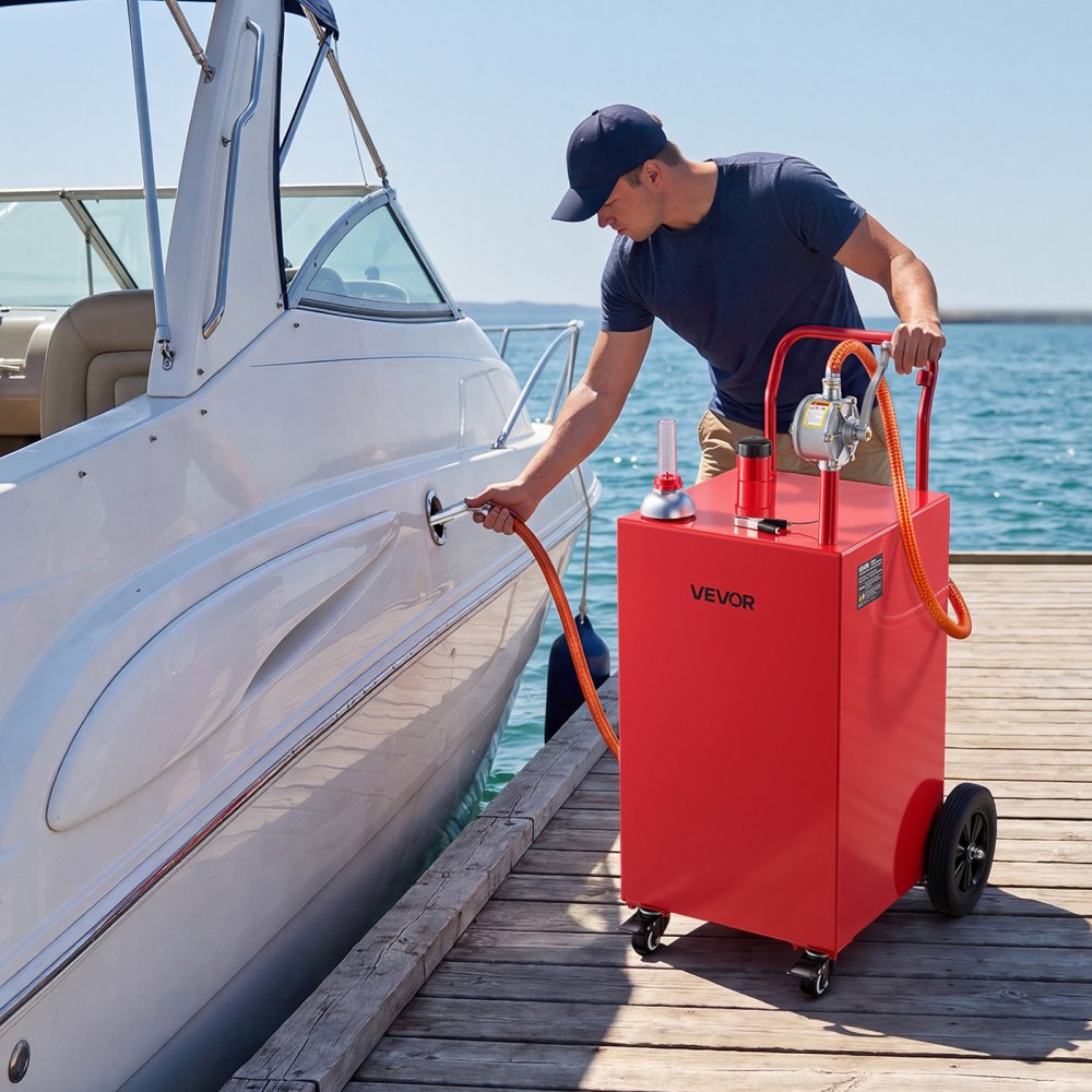 VEVOR 40 Gallon Fuel Gas Caddy, Carbon Steel, Portable Fuel Transfer Storage Tank with Manual Pump and 4 Wheels, Gasoline Diesel Can Container, for Cars, Lawn Mowers, ATVs, Boats, Motorcycles, Red