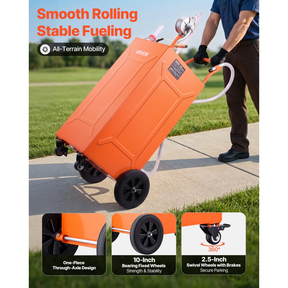 VEVOR 35 Gallon Fuel Gas Caddy, Carbon Steel, Portable Fuel Transfer Storage Tank with Manual Pump & 4 Wheels, Gasoline Diesel Can Container, for Cars, Lawn Mowers, ATVs, Boats, Motorcycles, Orange