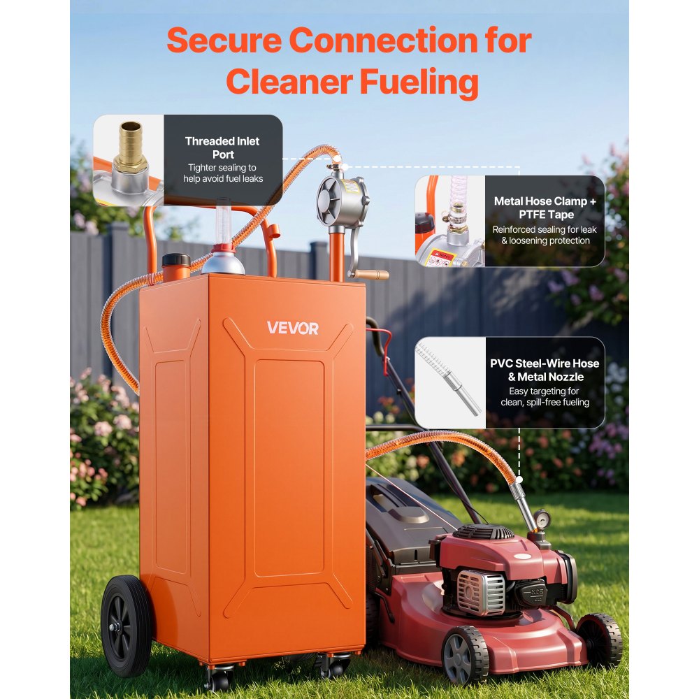VEVOR 35 Gallon Fuel Gas Caddy, Carbon Steel, Portable Fuel Transfer Storage Tank with Manual Pump & 4 Wheels, Gasoline Diesel Can Container, for Cars, Lawn Mowers, ATVs, Boats, Motorcycles, Orange