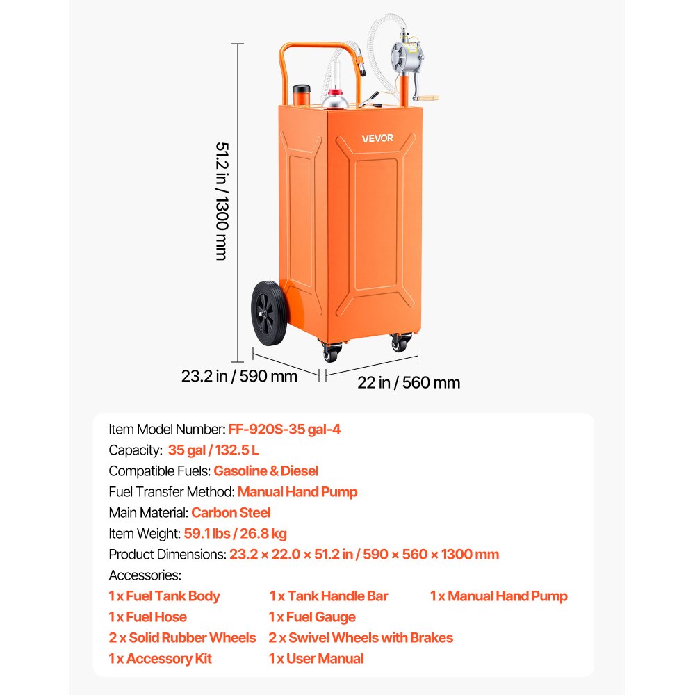 VEVOR 35 Gallon Fuel Gas Caddy, Carbon Steel, Portable Fuel Transfer Storage Tank with Manual Pump & 4 Wheels, Gasoline Diesel Can Container, for Cars, Lawn Mowers, ATVs, Boats, Motorcycles, Orange
