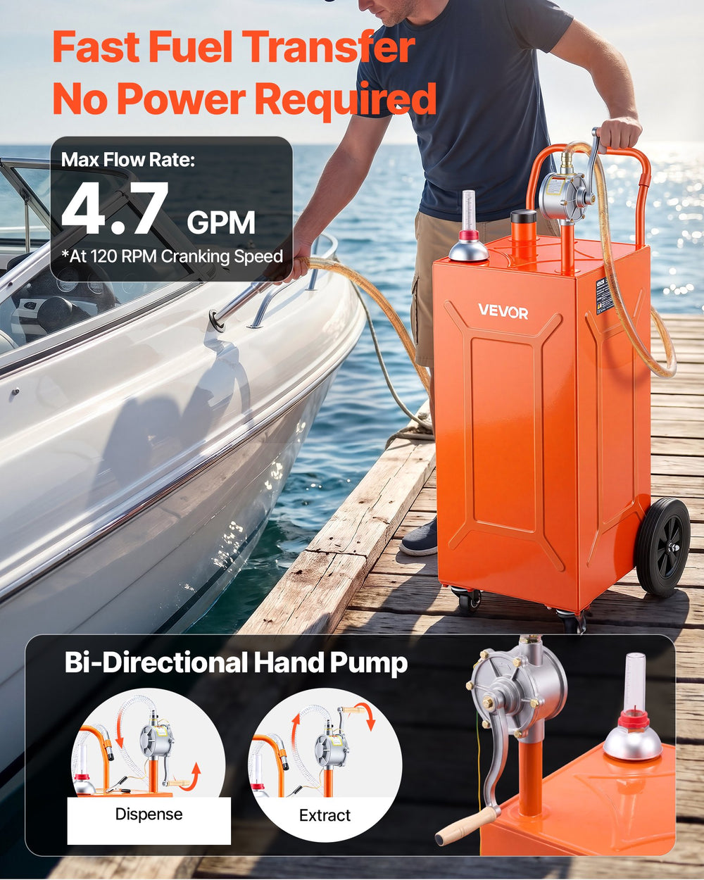 VEVOR 35 Gallon Fuel Gas Caddy, Carbon Steel, Portable Fuel Transfer Storage Tank with Manual Pump & 4 Wheels, Gasoline Diesel Can Container, for Cars, Lawn Mowers, ATVs, Boats, Motorcycles, Orange