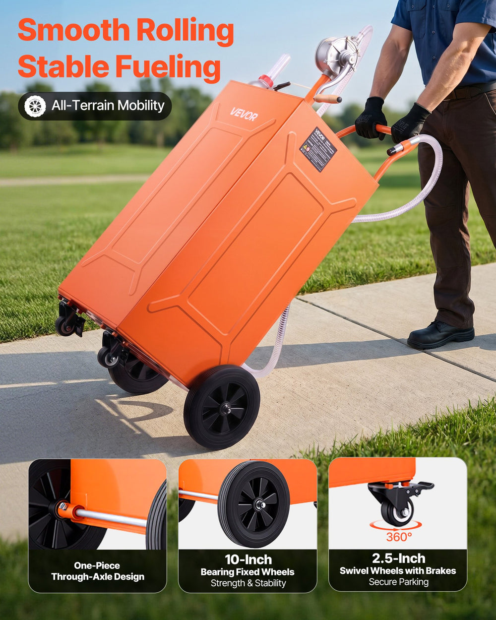VEVOR 35 Gallon Fuel Gas Caddy, Carbon Steel, Portable Fuel Transfer Storage Tank with Manual Pump & 4 Wheels, Gasoline Diesel Can Container, for Cars, Lawn Mowers, ATVs, Boats, Motorcycles, Orange
