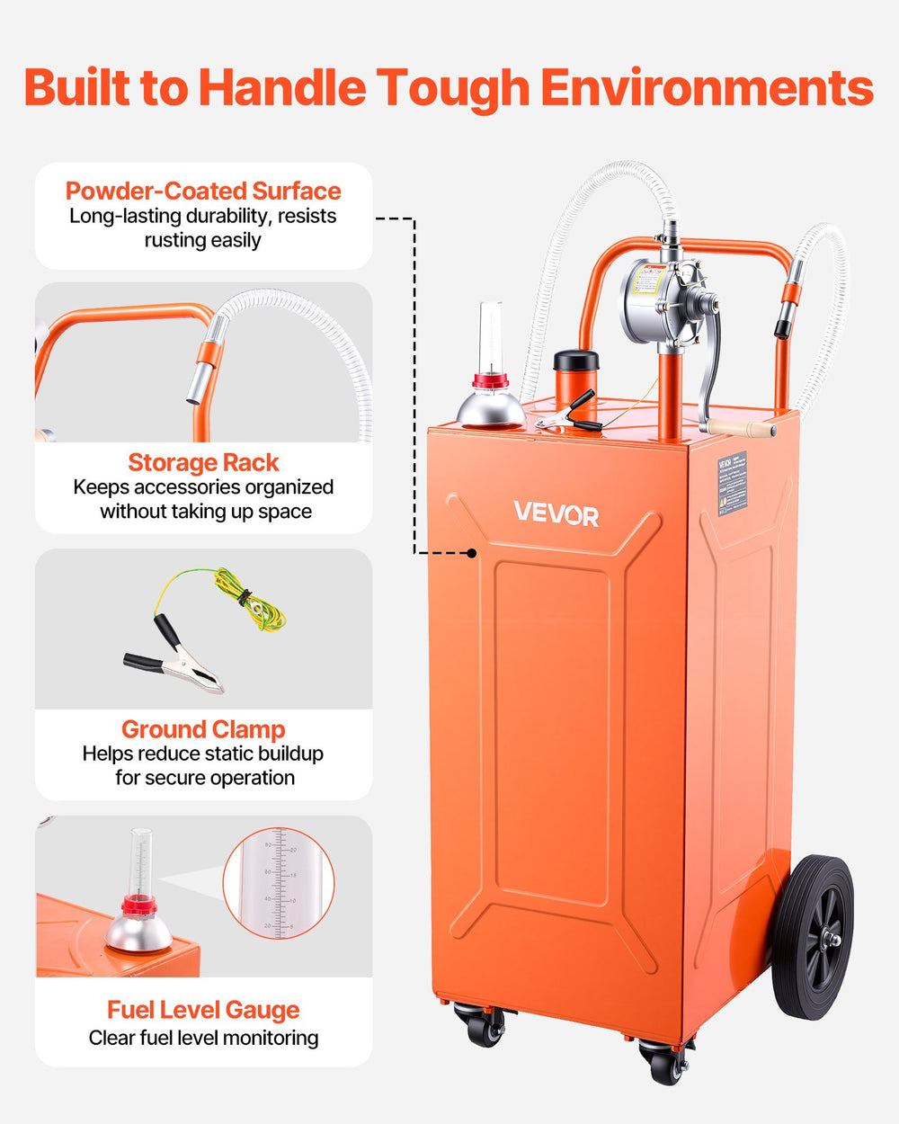 VEVOR 35 Gallon Fuel Gas Caddy, Carbon Steel, Portable Fuel Transfer Storage Tank with Manual Pump & 4 Wheels, Gasoline Diesel Can Container, for Cars, Lawn Mowers, ATVs, Boats, Motorcycles, Orange