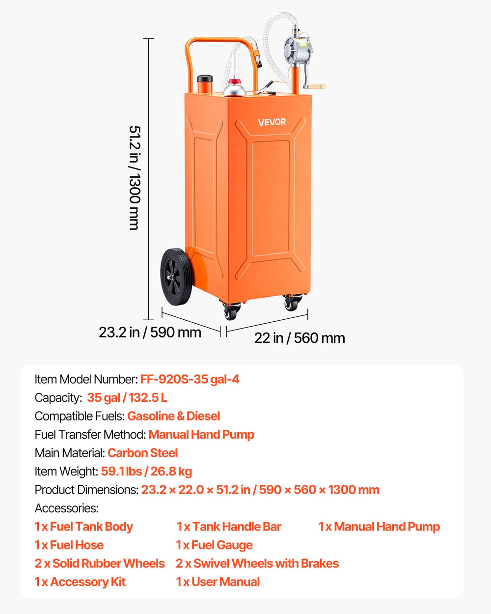VEVOR 35 Gallon Fuel Gas Caddy, Carbon Steel, Portable Fuel Transfer Storage Tank with Manual Pump & 4 Wheels, Gasoline Diesel Can Container, for Cars, Lawn Mowers, ATVs, Boats, Motorcycles, Orange