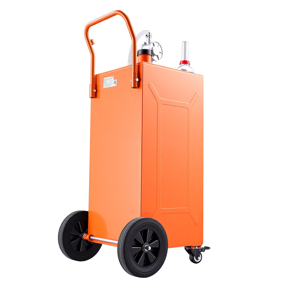 VEVOR 35 Gallon Fuel Gas Caddy, Carbon Steel, Portable Fuel Transfer Storage Tank with Manual Pump & 4 Wheels, Gasoline Diesel Can Container, for Cars, Lawn Mowers, ATVs, Boats, Motorcycles, Orange