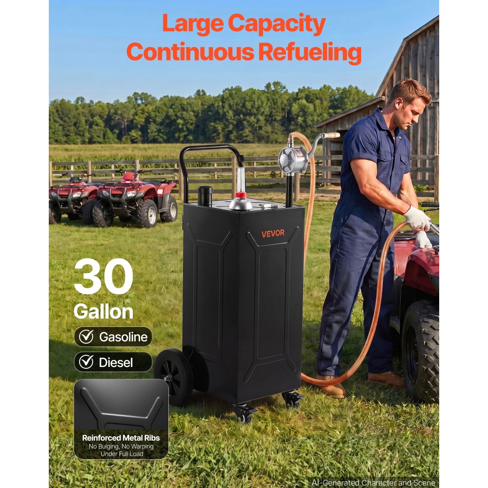 VEVOR 30 Gallon Fuel Gas Caddy, Carbon Steel, Portable Fuel Transfer Storage Tank with Manual Pump & 4 Wheels, Gasoline Diesel Can Container, for Cars, Lawn Mowers, ATVs, Boats, Motorcycles, Black