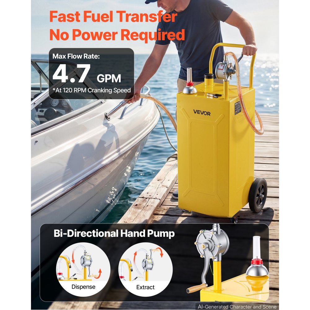 VEVOR 35 Gallon Fuel Gas Caddy, Carbon Steel, Portable Fuel Transfer Storage Tank with Manual Pump & 4 Wheels, Gasoline Diesel Can Container, for Cars, Lawn Mowers, ATVs, Boats, Motorcycles, Yellow