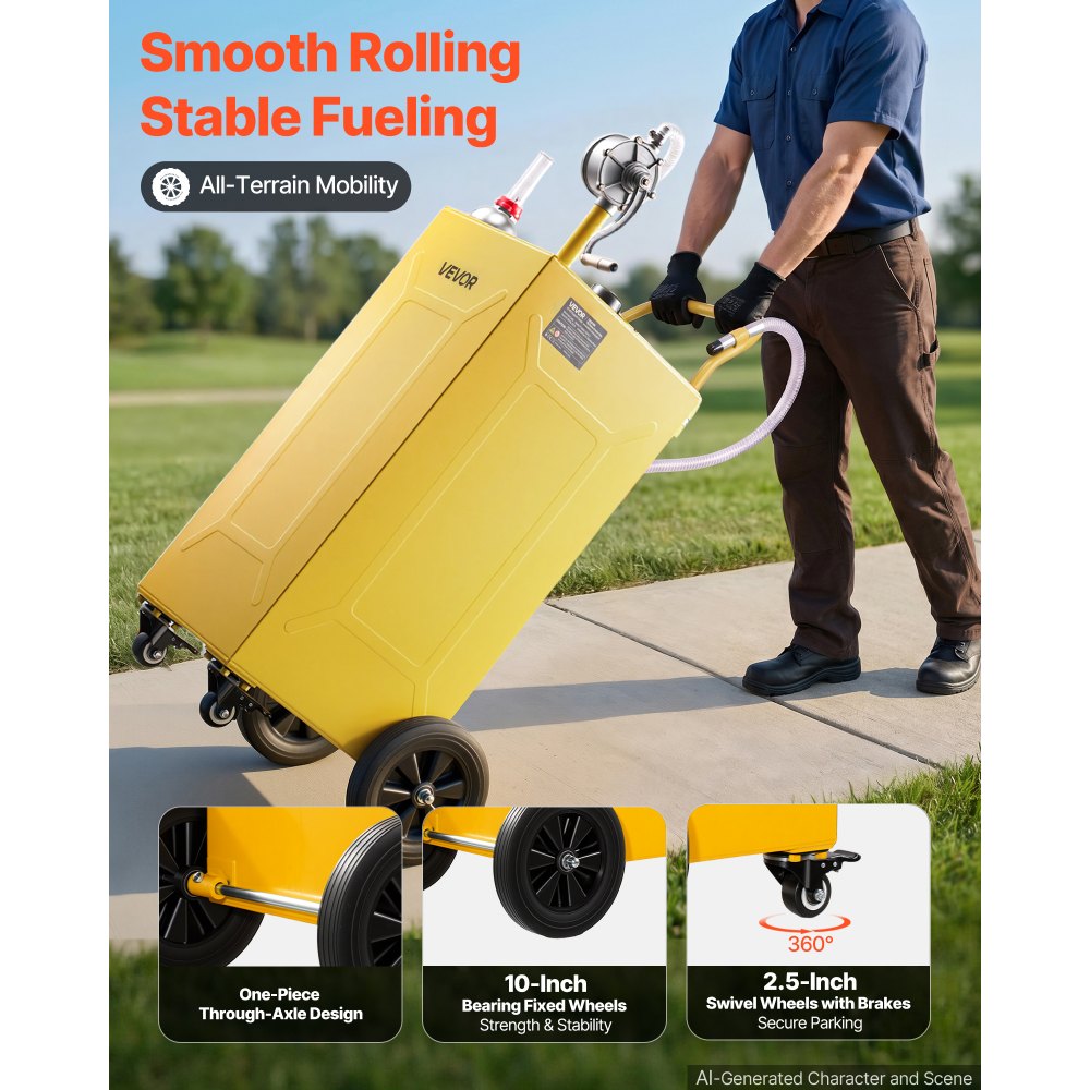 VEVOR 35 Gallon Fuel Gas Caddy, Carbon Steel, Portable Fuel Transfer Storage Tank with Manual Pump & 4 Wheels, Gasoline Diesel Can Container, for Cars, Lawn Mowers, ATVs, Boats, Motorcycles, Yellow
