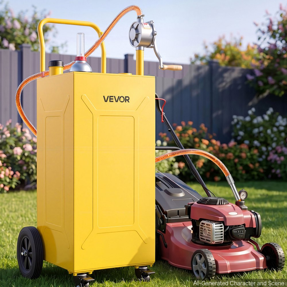 VEVOR 35 Gallon Fuel Gas Caddy, Carbon Steel, Portable Fuel Transfer Storage Tank with Manual Pump & 4 Wheels, Gasoline Diesel Can Container, for Cars, Lawn Mowers, ATVs, Boats, Motorcycles, Yellow