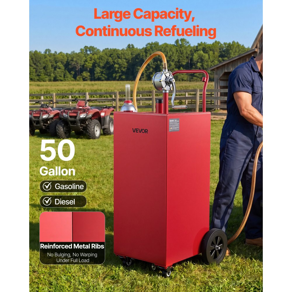 VEVOR 50 Gallon Fuel Gas Caddy, Carbon Steel, Portable Fuel Transfer Storage Tank with Manual Pump and 4 Wheels, Gasoline Diesel Can Container, for Cars, Lawn Mowers, ATVs, Boats, Motorcycles, Red