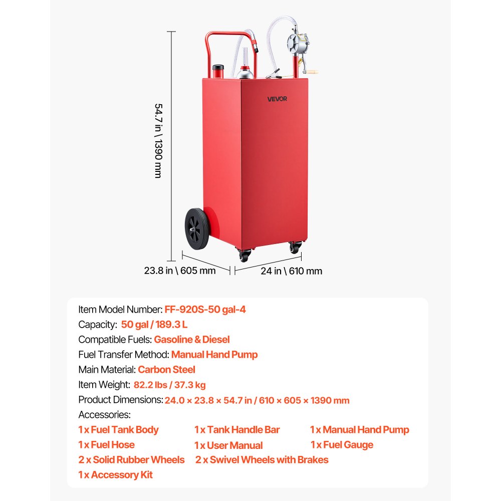 VEVOR 50 Gallon Fuel Gas Caddy, Carbon Steel, Portable Fuel Transfer Storage Tank with Manual Pump and 4 Wheels, Gasoline Diesel Can Container, for Cars, Lawn Mowers, ATVs, Boats, Motorcycles, Red