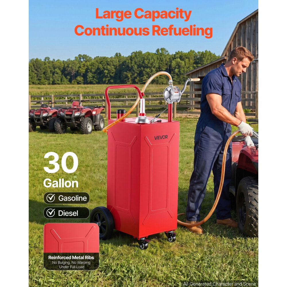 VEVOR 30 Gallon Fuel Gas Caddy, Carbon Steel, Portable Fuel Transfer Storage Tank with Manual Pump and 4 Wheels, Gasoline Diesel Can Container, for Cars, Lawn Mowers, ATVs, Boats, Motorcycles, Red