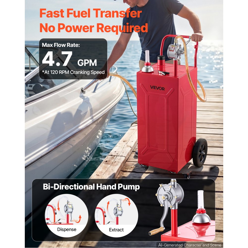 VEVOR 30 Gallon Fuel Gas Caddy, Carbon Steel, Portable Fuel Transfer Storage Tank with Manual Pump and 4 Wheels, Gasoline Diesel Can Container, for Cars, Lawn Mowers, ATVs, Boats, Motorcycles, Red