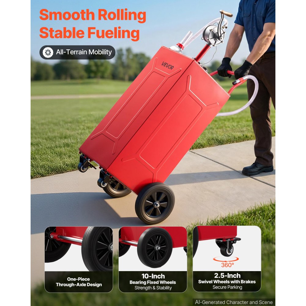 VEVOR 30 Gallon Fuel Gas Caddy, Carbon Steel, Portable Fuel Transfer Storage Tank with Manual Pump and 4 Wheels, Gasoline Diesel Can Container, for Cars, Lawn Mowers, ATVs, Boats, Motorcycles, Red