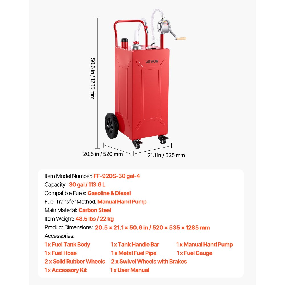 VEVOR 30 Gallon Fuel Gas Caddy, Carbon Steel, Portable Fuel Transfer Storage Tank with Manual Pump and 4 Wheels, Gasoline Diesel Can Container, for Cars, Lawn Mowers, ATVs, Boats, Motorcycles, Red