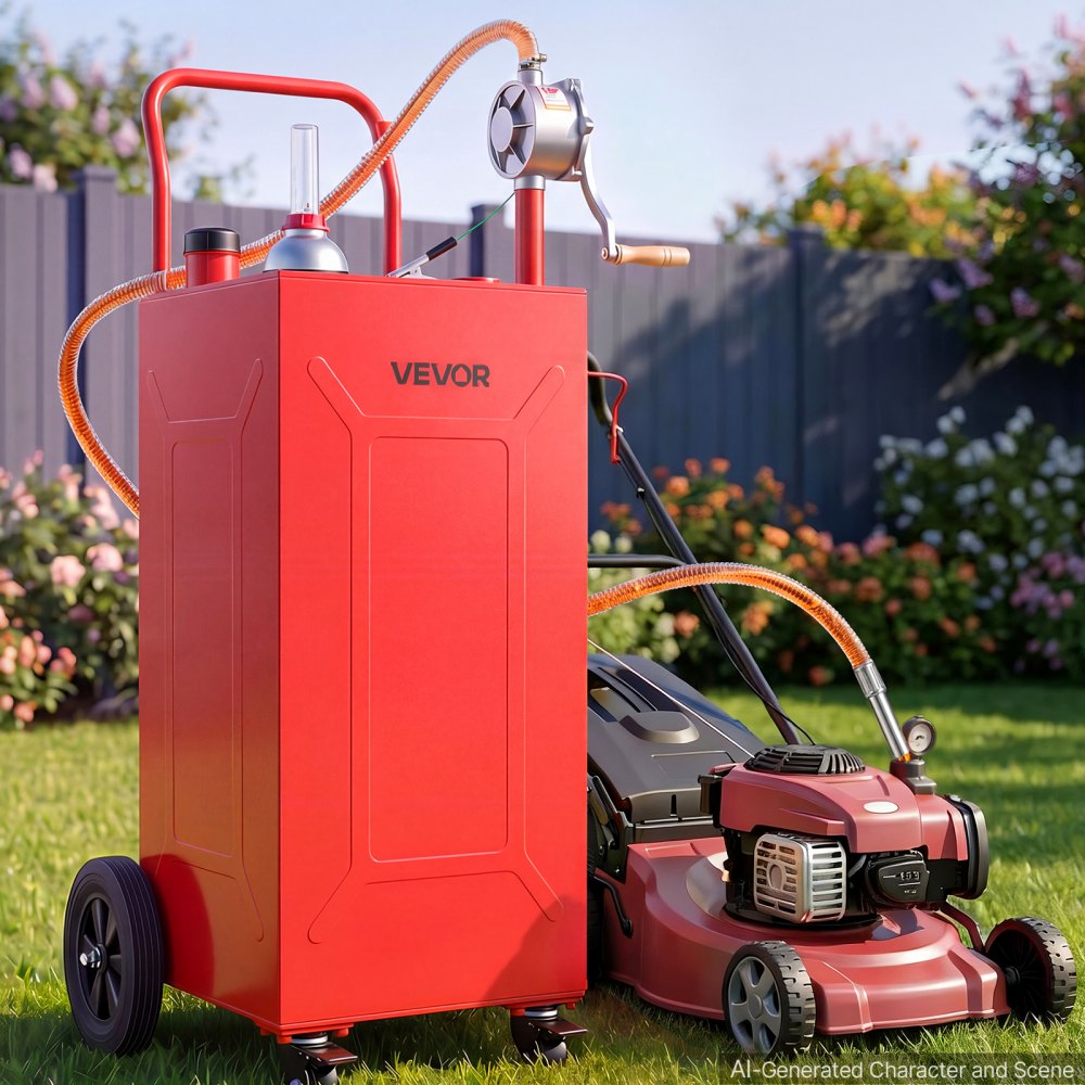 VEVOR 30 Gallon Fuel Gas Caddy, Carbon Steel, Portable Fuel Transfer Storage Tank with Manual Pump and 4 Wheels, Gasoline Diesel Can Container, for Cars, Lawn Mowers, ATVs, Boats, Motorcycles, Red