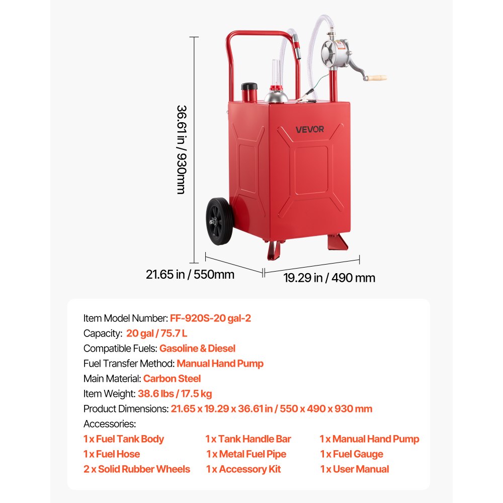 VEVOR 20 Gallon Fuel Gas Caddy, Carbon Steel, Portable Fuel Transfer Storage Tank with Manual Pump & Rolling Wheels, Gasoline Diesel Can Container, for Cars, Lawn Mowers, ATVs, Boats, Motorcycles, Red