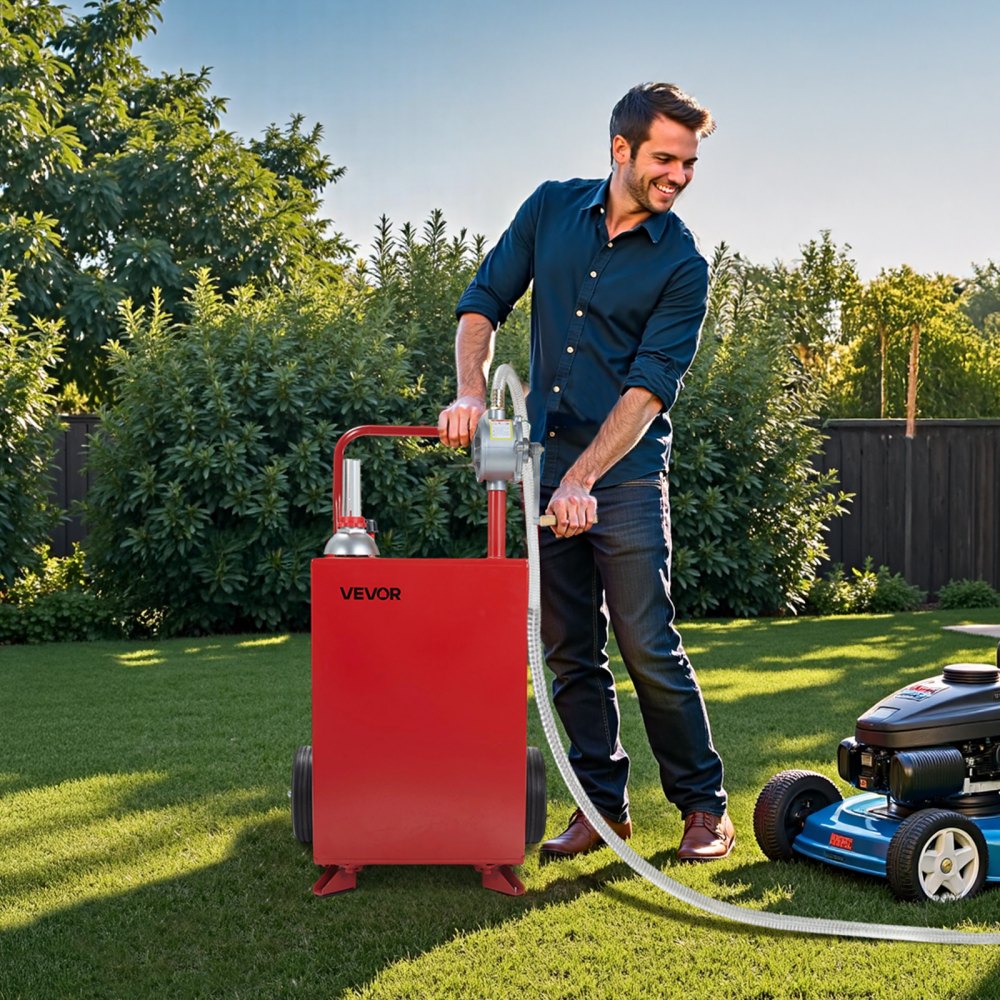 VEVOR 20 Gallon Fuel Caddy, Gasoline & Diesel Fuel Tank with Manual Transfer Pump, Portable Fuel Storage Tank with 2 Wheels & 10 ft Hose, Gas Caddy for Cars, Lawn Mowers, ATVs, Boats, More, Red