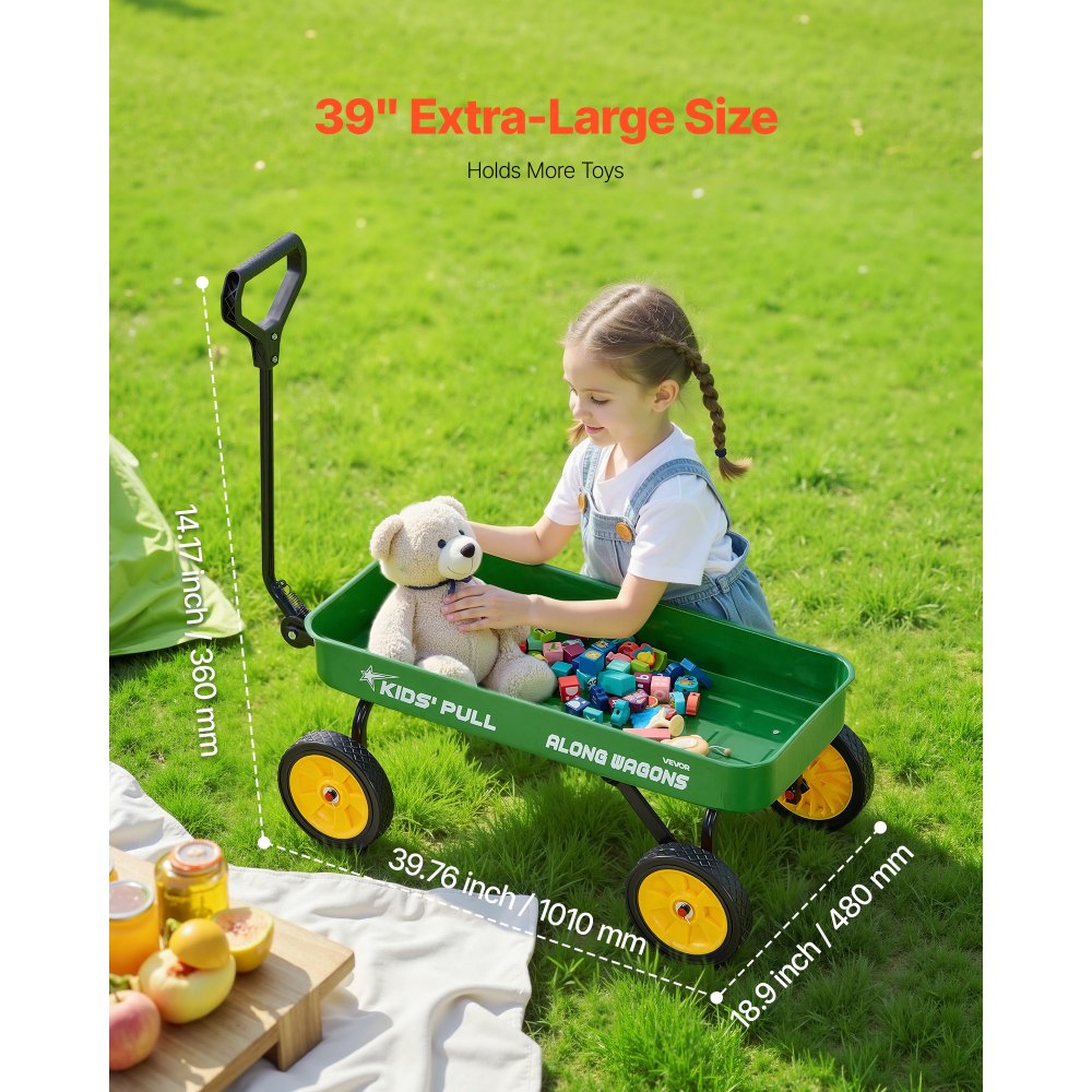 VEVOR Pull-Along Wagon for Kids, 39 inch Toddler Wagons, Supports up to 176 lbs, All-Terrain Wagons with Handle, Utility Wagon Cart Birthday Present for Kids Gardening Beach Camping, Green