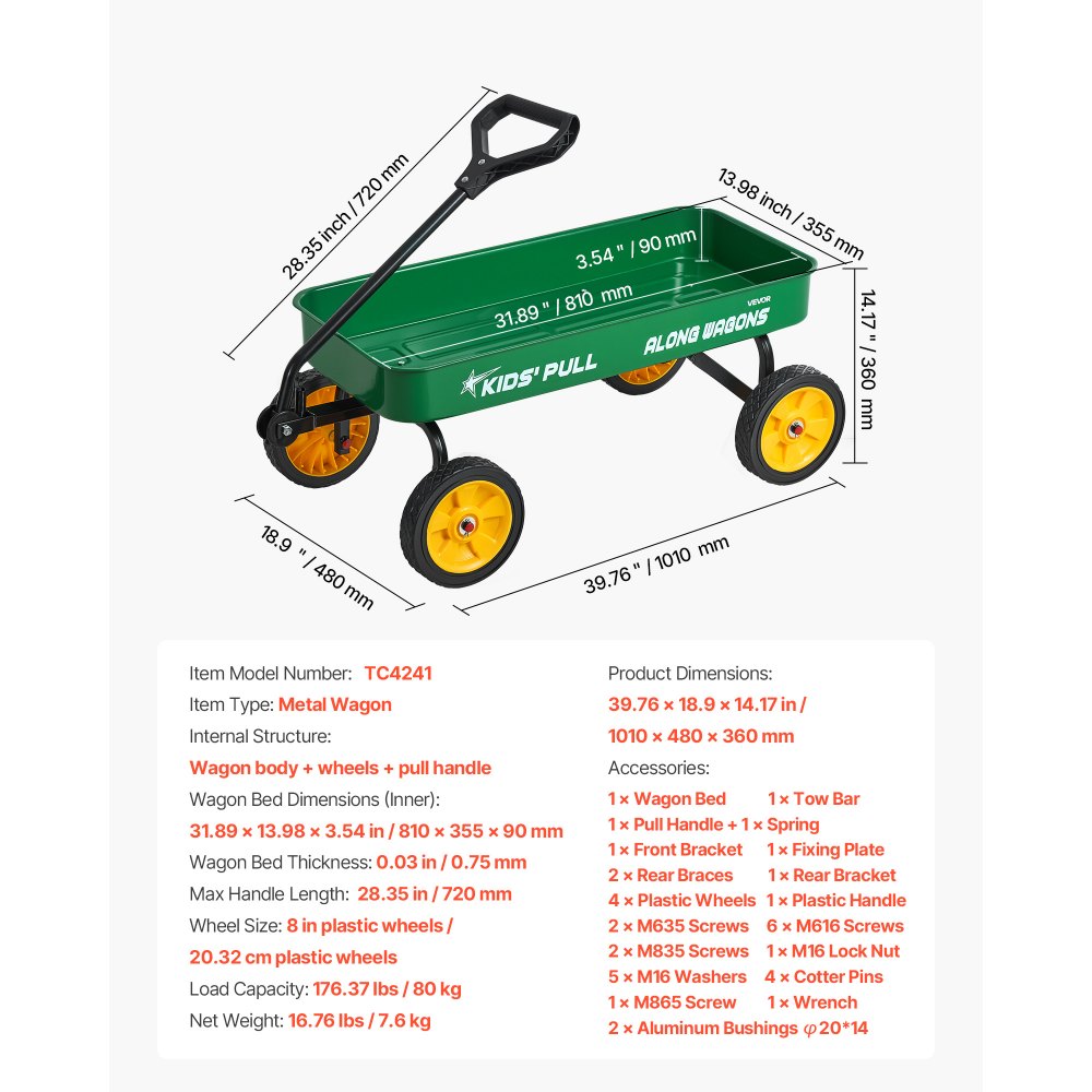 VEVOR Pull-Along Wagon for Kids, 39 inch Toddler Wagons, Supports up to 176 lbs, All-Terrain Wagons with Handle, Utility Wagon Cart Birthday Present for Kids Gardening Beach Camping, Green