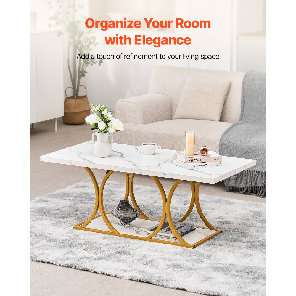 VEVOR Coffee Table, Modern Faux Marble Coffee Table, Large 2-Tier Rectangle Center Desk with Geometric Legs, Minimalist Sturdy Metal Frame Accent End Desk for Living Room, Office, Easy Assembly, White