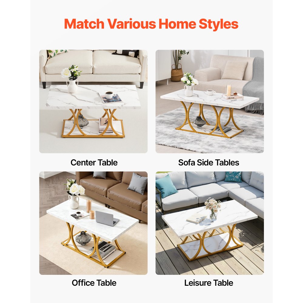 VEVOR Coffee Table, Modern Faux Marble Coffee Table, Large 2-Tier Rectangle Center Desk with Geometric Legs, Minimalist Sturdy Metal Frame Accent End Desk for Living Room, Office, Easy Assembly, White