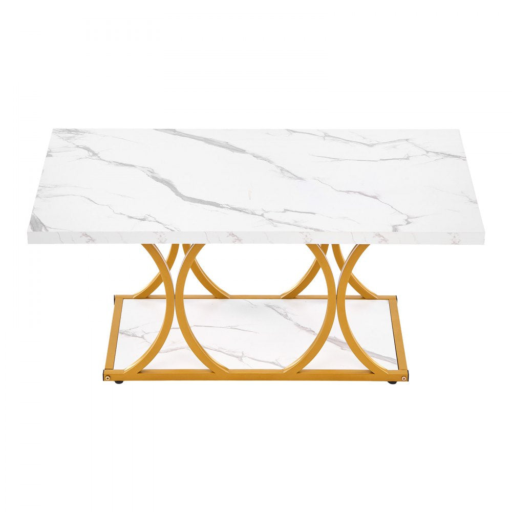 VEVOR Coffee Table, Modern Faux Marble Coffee Table, Large 2-Tier Rectangle Center Desk with Geometric Legs, Minimalist Sturdy Metal Frame Accent End Desk for Living Room, Office, Easy Assembly, White
