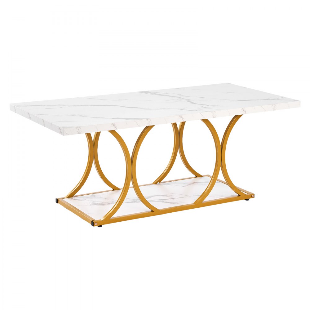 VEVOR Coffee Table, Modern Faux Marble Coffee Table, Large 2-Tier Rectangle Center Desk with Geometric Legs, Minimalist Sturdy Metal Frame Accent End Desk for Living Room, Office, Easy Assembly, White